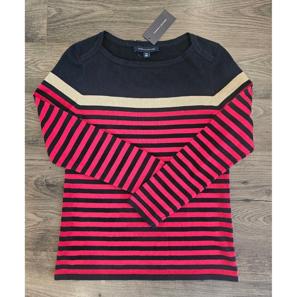 NWT Tommy Hilfiger Women Black Red Gold Shimmer Stripe Boat Neck Sweater Top szS